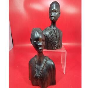 Vintage African Hand Carved Ebony Wood Bust Sculptures Tribal Bust